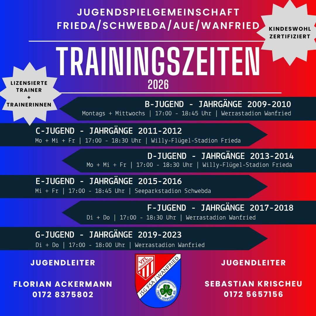 Trainingszeiten Jugend bis Sommer 2026